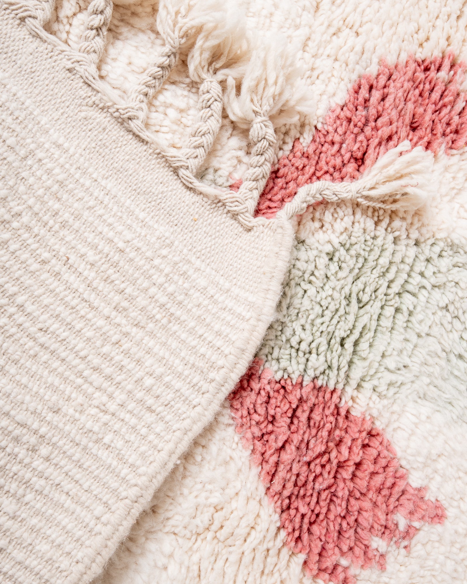Modern, designer, handcrafted Berber rug from Morocco. Beniourain carpet with beautiful colours and patterns and fluffy wool texture.